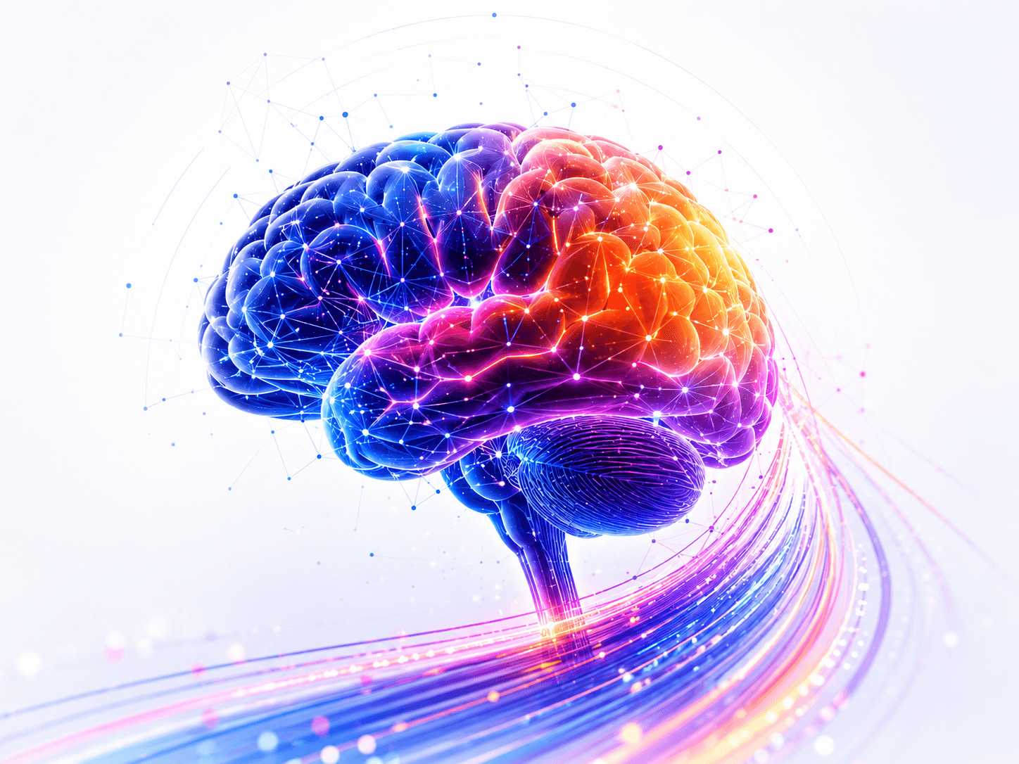 Ilustración 3D de un cerebro digital con redes neuronales vibrantes para ExplicaIA