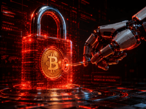 Mano robótica intentando forzar un candado digital que protege una moneda de oro blockchain, representando el fraude con criptomonedas.